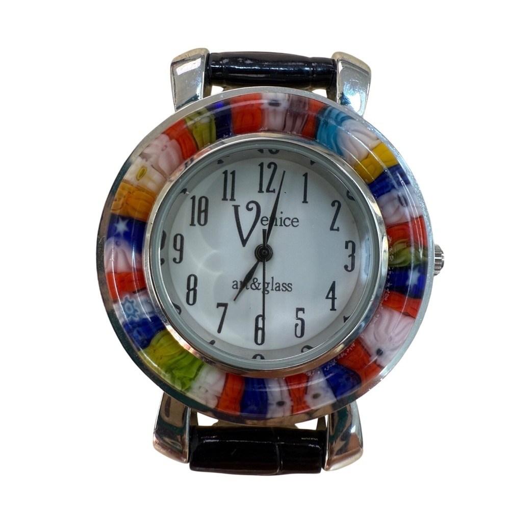 Venice Art & Glass Murano Millefiori Italian Mosaic Watch‎ Black Leather Strap